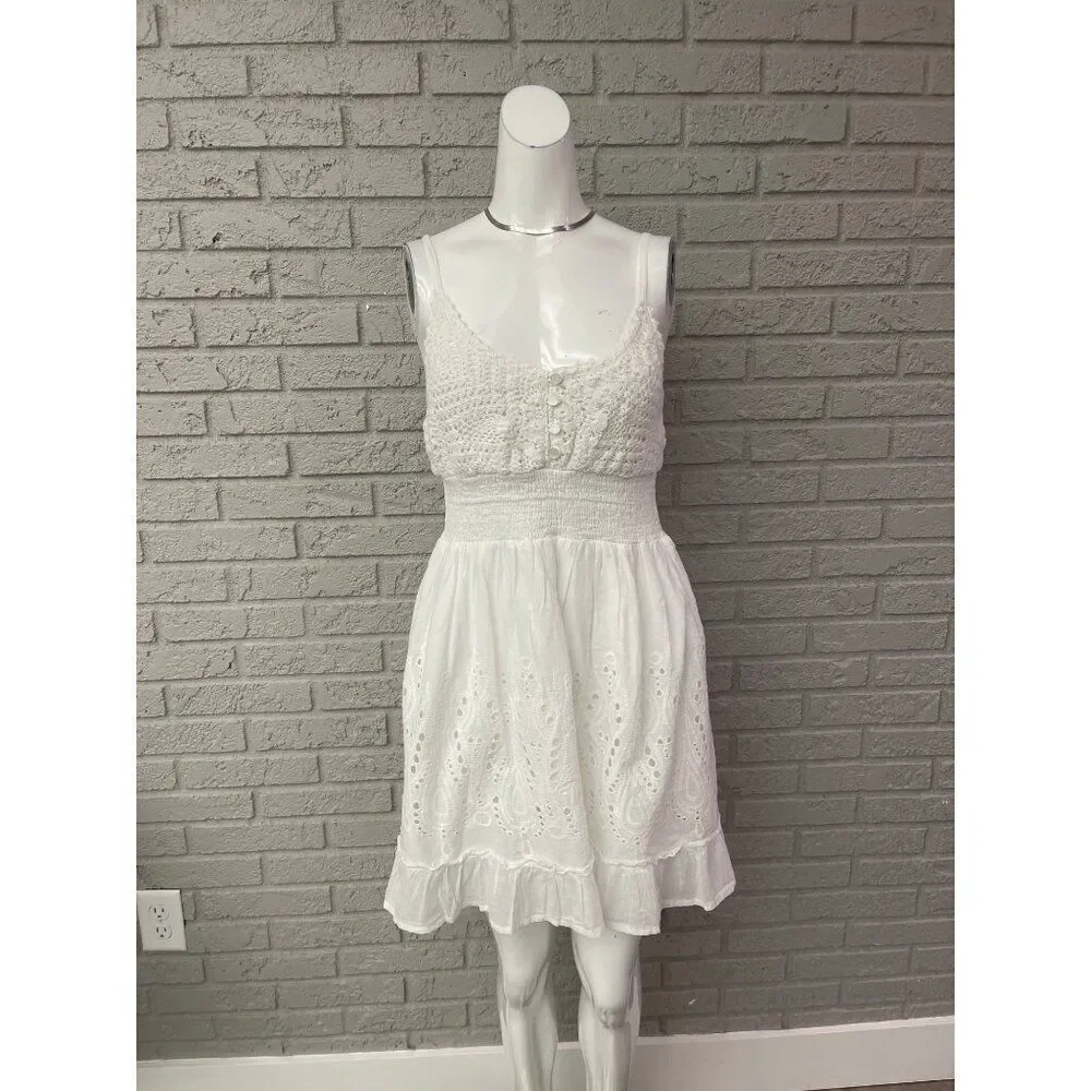 Indian Emporium Women White Cotton Crochet Smock Waist Eyelet Ruffle Dress Size